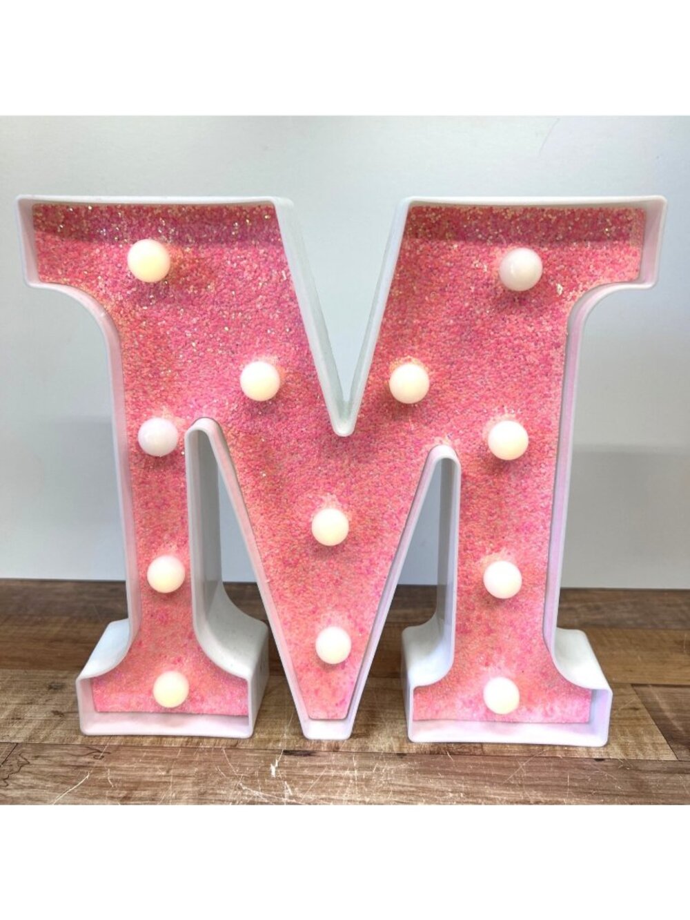 Pink LED Letter "M" Light With Glitter Finish White Frame Battery Operated